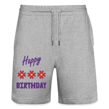 JOYEUX ANNIVERSAIRE. HAPPY BIRTHDAY. ANNIVERSAIRE. - Short de jogging bio TRAINER Stanley/Stella unisexe - gris chiné - Devant - Nik (191cm) & Marisol (170cm)