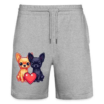 Couple de chiens Chihuahua amoureux pour la Saint-Valentin - Short de jogging bio TRAINER Stanley/Stella unisexe - gris chiné - Devant - Nik (191cm) & Marisol (170cm)