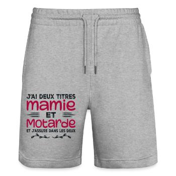 Deux Titres Mamie et Motarde | Grand-mère | Moto - Short de jogging bio TRAINER Stanley/Stella unisexe - gris chiné - Devant - Nik (191cm) & Marisol (170cm)