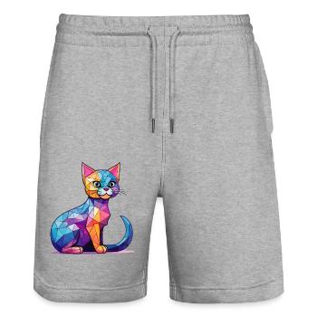 Eine geometrische Illustration mit einer kawaiianischen Katze - Stanley/Stella Unisex Bio Joggingshorts Trainer  - Grau meliert - Vorne - Nik (191cm) & Marisol (170cm)