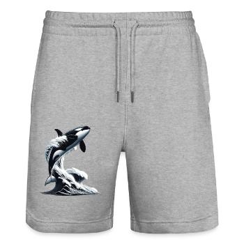 An orca jumping into a wave ocean - Stanley/Stella Trainer Unisex Organic Jogging Shorts - heather grey - Front - Nik (191cm) & Marisol (170cm)
