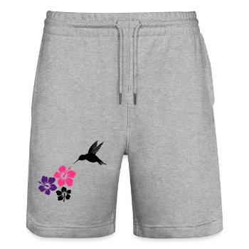 Colibri avec des fleurs d'hibiscus - Short de jogging bio TRAINER Stanley/Stella unisexe - gris chiné - Devant - Nik (191cm) & Marisol (170cm)