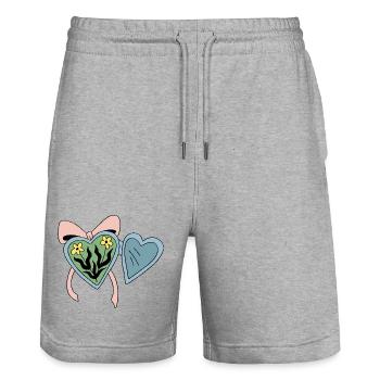 Flower medallion with heart ribbon - Stanley/Stella Trainer Unisex Organic Jogging Shorts - heather grey - Front - Nik (191cm) & Marisol (170cm)
