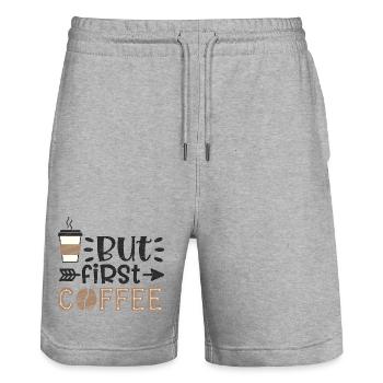 Kaffee zuerst im Leben Zitat - Stanley/Stella Unisex Bio Joggingshorts Trainer  - Grau meliert - Vorne - Nik (191cm) & Marisol (170cm)