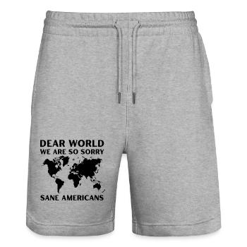 Dear World We Are So Sorry Protest Graphic - Stanley/Stella Trainer Unisex Organic Jogging Shorts - heather grey - Front - Nik (191cm) & Marisol (170cm)