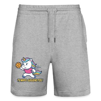 Vitesse, Contre-Coup de pied, Licorne, Handball, Attaque - Short de jogging bio TRAINER Stanley/Stella unisexe - gris chiné - Devant - Nik (191cm) & Marisol (170cm)