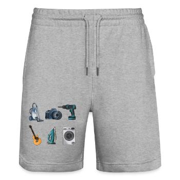 Collage de gadgets du quotidien : maison et loisirs - Short de jogging bio TRAINER Stanley/Stella unisexe - gris chiné - Devant - Nik (191cm) & Marisol (170cm)