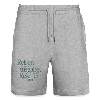 Voyager vous rend plus riche – Citation Design - Short de jogging bio TRAINER Stanley/Stella unisexe - gris chiné - Devant - Nik (191cm) & Marisol (170cm)