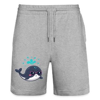 Niedlicher lächelnder Wal und rosa Brille - Stanley/Stella Unisex Bio Joggingshorts Trainer  - Grau meliert - Vorne - Nik (191cm) & Marisol (170cm)
