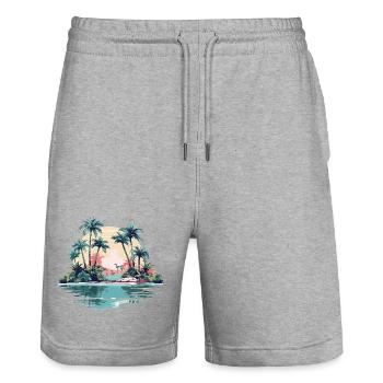 Île tropicale au coucher du soleil - Short de jogging bio TRAINER Stanley/Stella unisexe - gris chiné - Devant - Nik (191cm) & Marisol (170cm)