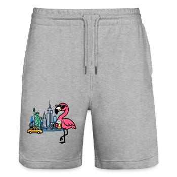 Flamant rose rencontre New York – Pause café - Short de jogging bio TRAINER Stanley/Stella unisexe - gris chiné - Devant - Nik (191cm) & Marisol (170cm)