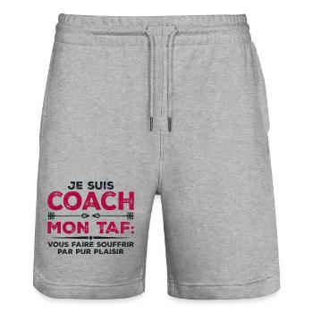 Je suis coach, Humour cadeau sportif coach - Short de jogging bio TRAINER Stanley/Stella unisexe - gris chiné - Devant - Nik (191cm) & Marisol (170cm)