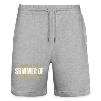 Jahrgang 1945 Jahrgang 1945 Geburtstagsgeschenk - Stanley/Stella Unisex Bio Joggingshorts Trainer  - Grau meliert - Vorne - Nik (191cm) & Marisol (170cm)