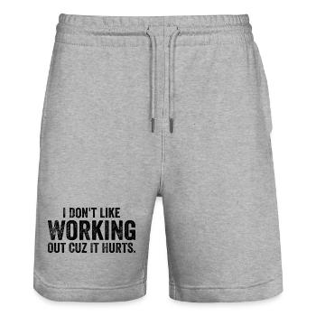 I Don't Like Working Out Cuz It Hurts - Funny - Stanley/Stella Trainer Unisex Organic Jogging Shorts - heather grey - Front - Nik (191cm) & Marisol (170cm)