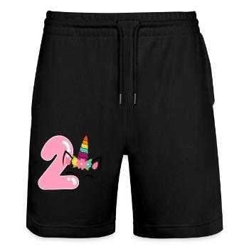Licorne du 2ème anniversaire - Short de jogging bio TRAINER Stanley/Stella unisexe - noir - Devant - Nik (191cm) & Marisol (170cm)
