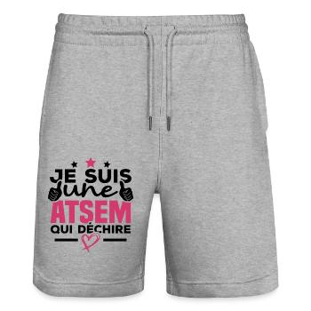 Je suis une ATSEM qui déchire - Short de jogging bio TRAINER Stanley/Stella unisexe - gris chiné - Devant - Nik (191cm) & Marisol (170cm)