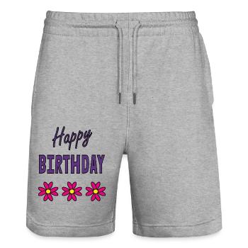ANNIVERSARY. HAPPY BIRTHDAY. HAPPY BIRTHDAY. - Stanley/Stella Trainer Unisex Organic Jogging Shorts - heather grey - Front - Nik (191cm) & Marisol (170cm)