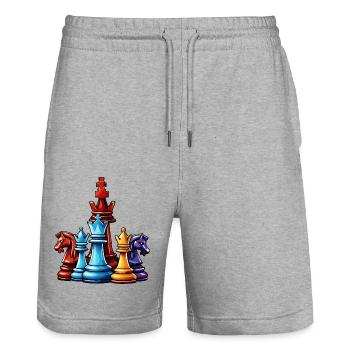 Échecs / Pièces / Stratégie / Casse-tête / Nerd - Short de jogging bio TRAINER Stanley/Stella unisexe - gris chiné - Devant - Nik (191cm) & Marisol (170cm)