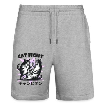 Cat Fight Japanese Funny animals - Stanley/Stella Trainer Unisex Organic Jogging Shorts - heather grey - Front - Nik (191cm) & Marisol (170cm)