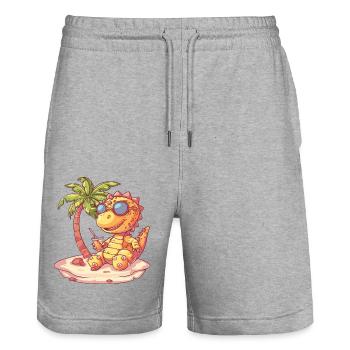 Dinosaur stegosaurus island palm tree - Stanley/Stella Trainer Unisex Organic Jogging Shorts - heather grey - Front - Nik (191cm) & Marisol (170cm)