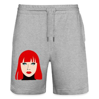 Femme rousse aux yeux bleus - Short de jogging bio TRAINER Stanley/Stella unisexe - gris chiné - Devant - Nik (191cm) & Marisol (170cm)