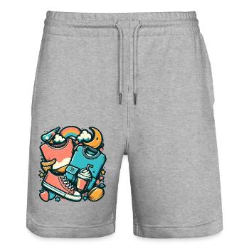 Colorful collage with clothes and everyday objects - Stanley/Stella Trainer Unisex Organic Jogging Shorts - heather grey - Front - Nik (191cm) & Marisol (170cm)