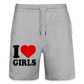 I love girls - Short de jogging bio TRAINER Stanley/Stella unisexe - gris chiné - Devant - Nik (191cm) & Marisol (170cm)