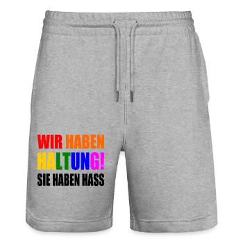 wir haben haltung sie haben hass - Stanley/Stella Unisex Bio Joggingshorts Trainer  - Grau meliert - Vorne - Nik (191cm) & Marisol (170cm)