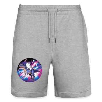 Kosmos-Tierreiter: Katze auf Dino - Stanley/Stella Unisex Bio Joggingshorts Trainer  - Grau meliert - Vorne - Nik (191cm) & Marisol (170cm)