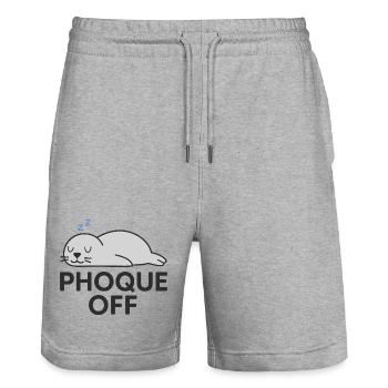 Phoque Off – Jeu de mots drôle et décalé - Short de jogging bio TRAINER Stanley/Stella unisexe - gris chiné - Devant - Nik (191cm) & Marisol (170cm)