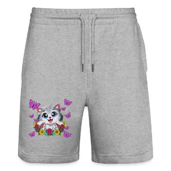 Cat kiss in a floral wreath - Stanley/Stella Trainer Unisex Organic Jogging Shorts - heather grey - Front - Nik (191cm) & Marisol (170cm)
