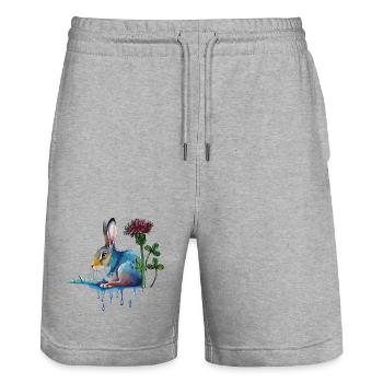 bunter Hase mit Klee - Stanley/Stella Unisex Bio Joggingshorts Trainer  - Grau meliert - Vorne - Nik (191cm) & Marisol (170cm)