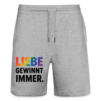 Regenbogen Spruch Liebe Gewinnt Immer - Stanley/Stella Unisex Bio Joggingshorts Trainer  - Grau meliert - Vorne - Nik (191cm) & Marisol (170cm)