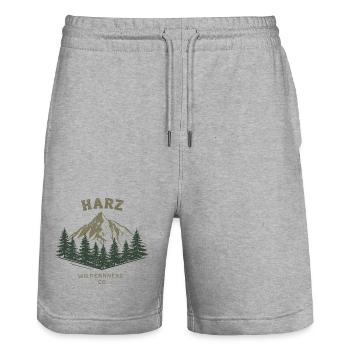 Harz Wilderness Co. | Vintage Mountain - Stanley/Stella Trainer Unisex Organic Jogging Shorts - heather grey - Front - Nik (191cm) & Marisol (170cm)