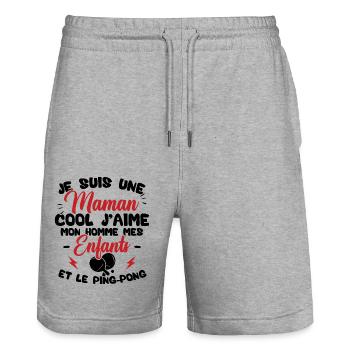 Une maman cool j'aime mon homme et le ping pong - Short de jogging bio TRAINER Stanley/Stella unisexe - gris chiné - Devant - Nik (191cm) & Marisol (170cm)