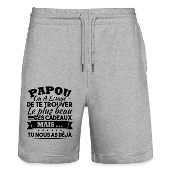 Papou Cadeau humour papa fête des pères - Short de jogging bio TRAINER Stanley/Stella unisexe - gris chiné - Devant - Nik (191cm) & Marisol (170cm)