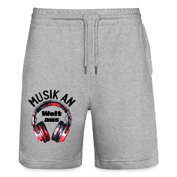 Kopfhörer: Musik an - Welt aus - Stanley/Stella Unisex Bio Joggingshorts Trainer  - Grau meliert - Vorne - Nik (191cm) & Marisol (170cm)