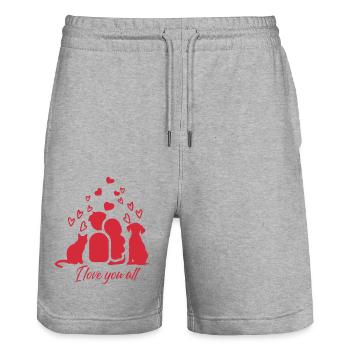 I love you all Tshirt, Kleidung Mode, Valentinstag - Stanley/Stella Unisex Bio Joggingshorts Trainer  - Grau meliert - Vorne - Nik (191cm) & Marisol (170cm)