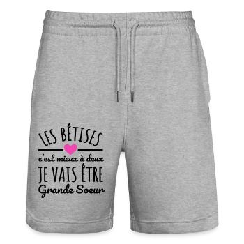Je vais être grande soeur annonce naissance - Short de jogging bio TRAINER Stanley/Stella unisexe - gris chiné - Devant - Nik (191cm) & Marisol (170cm)