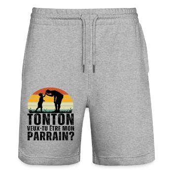 Tonton veux-tu être mon parrain cadeau filleul - Short de jogging bio TRAINER Stanley/Stella unisexe - gris chiné - Devant - Nik (191cm) & Marisol (170cm)