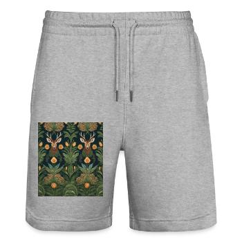 Motif symétrique avec des cerfs et des fleurs - Short de jogging bio TRAINER Stanley/Stella unisexe - gris chiné - Devant - Nik (191cm) & Marisol (170cm)