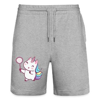 Mignonne licorne kawaii jouant au tennis de badminton - Short de jogging bio TRAINER Stanley/Stella unisexe - gris chiné - Devant - Nik (191cm) & Marisol (170cm)