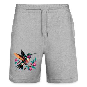 Vibrant Hummingbird on Blooming Branch - Stanley/Stella Trainer Unisex Organic Jogging Shorts - heather grey - Front - Nik (191cm) & Marisol (170cm)