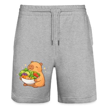 Capybara potelé avec bol de salade - Short de jogging bio TRAINER Stanley/Stella unisexe - gris chiné - Devant - Nik (191cm) & Marisol (170cm)