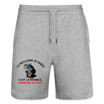 La_meilleure_attaque_c-est_la_patience_parisiens - Short de jogging bio TRAINER Stanley/Stella unisexe - gris chiné - Devant - Nik (191cm) & Marisol (170cm)