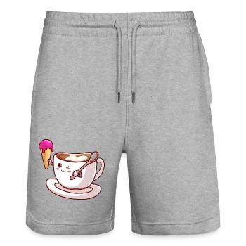 Kawaii Coffee Cone Mascot - Stanley/Stella Trainer Unisex Organic Jogging Shorts - heather grey - Front - Nik (191cm) & Marisol (170cm)