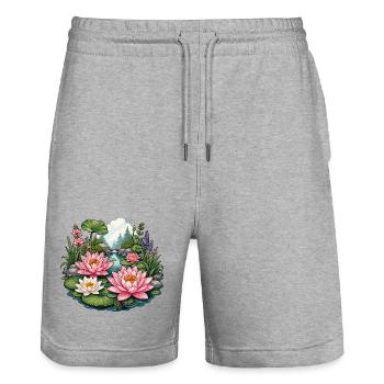 L’étang de nénuphars dans l’idylle forestier - Short de jogging bio TRAINER Stanley/Stella unisexe - gris chiné - Devant - Nik (191cm) & Marisol (170cm)