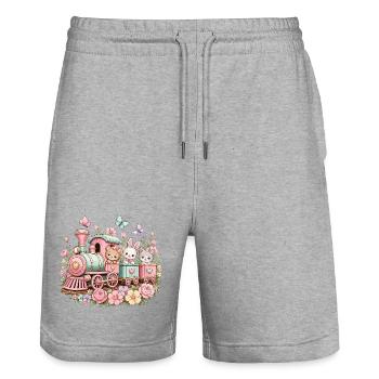 Pastel Train with Critters and Flowers - Stanley/Stella Trainer Unisex Organic Jogging Shorts - heather grey - Front - Nik (191cm) & Marisol (170cm)