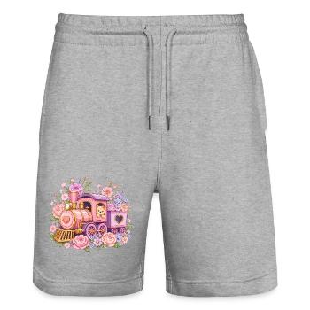 Cuddly Pink Locomotive with Flowers - Stanley/Stella Trainer Unisex Organic Jogging Shorts - heather grey - Front - Nik (191cm) & Marisol (170cm)