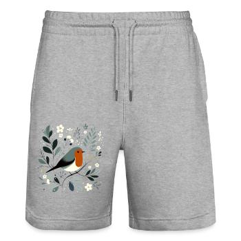Robin with flowers - Stanley/Stella Trainer Unisex Organic Jogging Shorts - heather grey - Front - Nik (191cm) & Marisol (170cm)